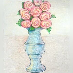 Handmade Hand Crafted Original Artwork Colored Pencil Drawing Flowers Still Life